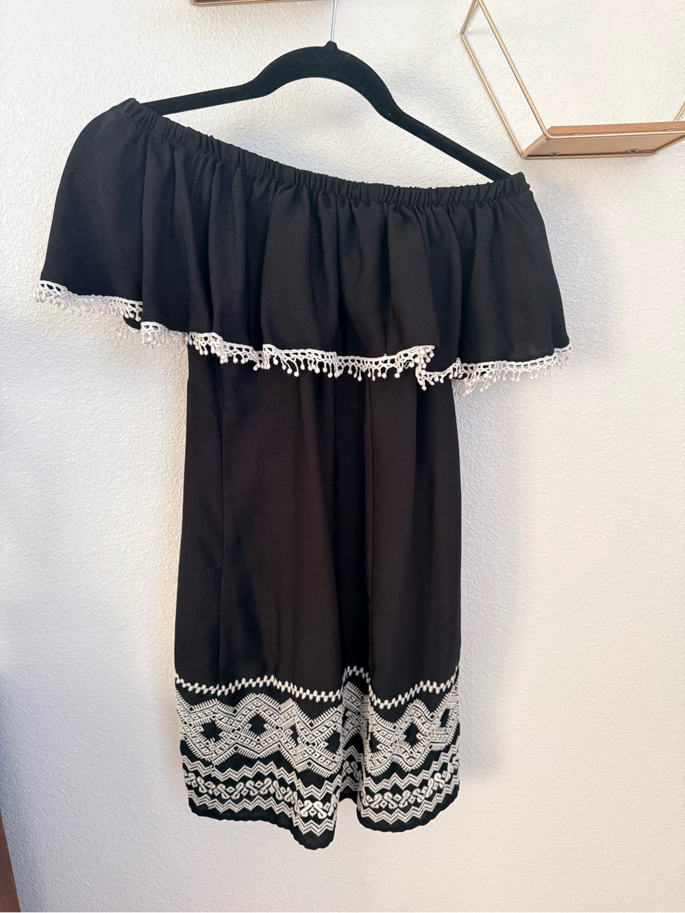 Black Off-Shoulder Dress with White Crochet Trim